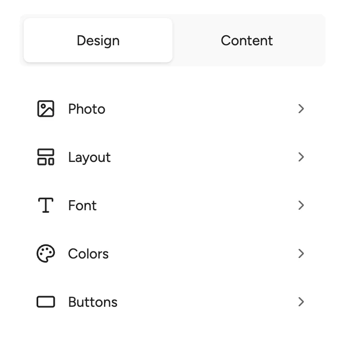 Album design controls for your photo, layout, font, colours and buttons