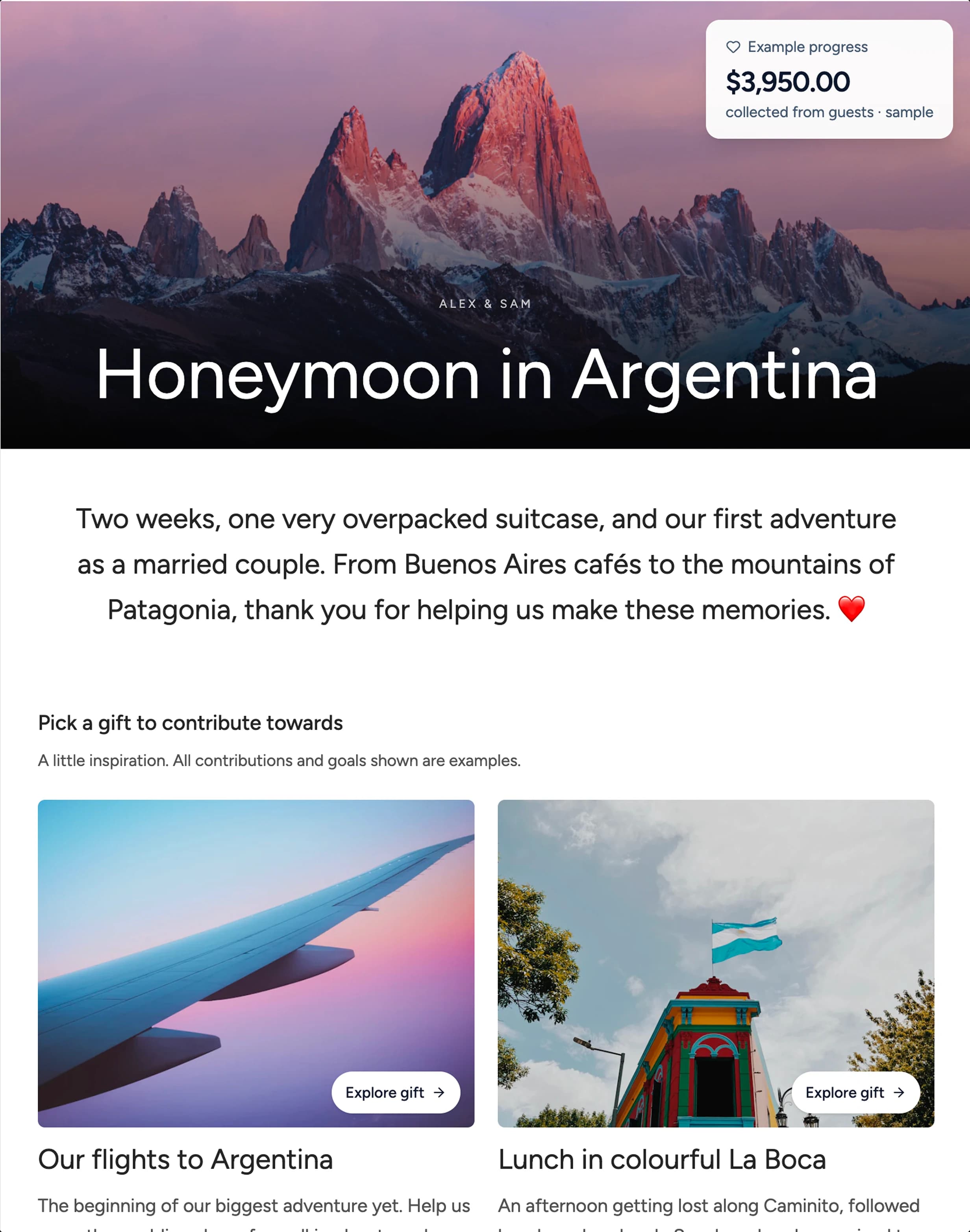 Example honeymoon registry for Alex and Sam in Argentina